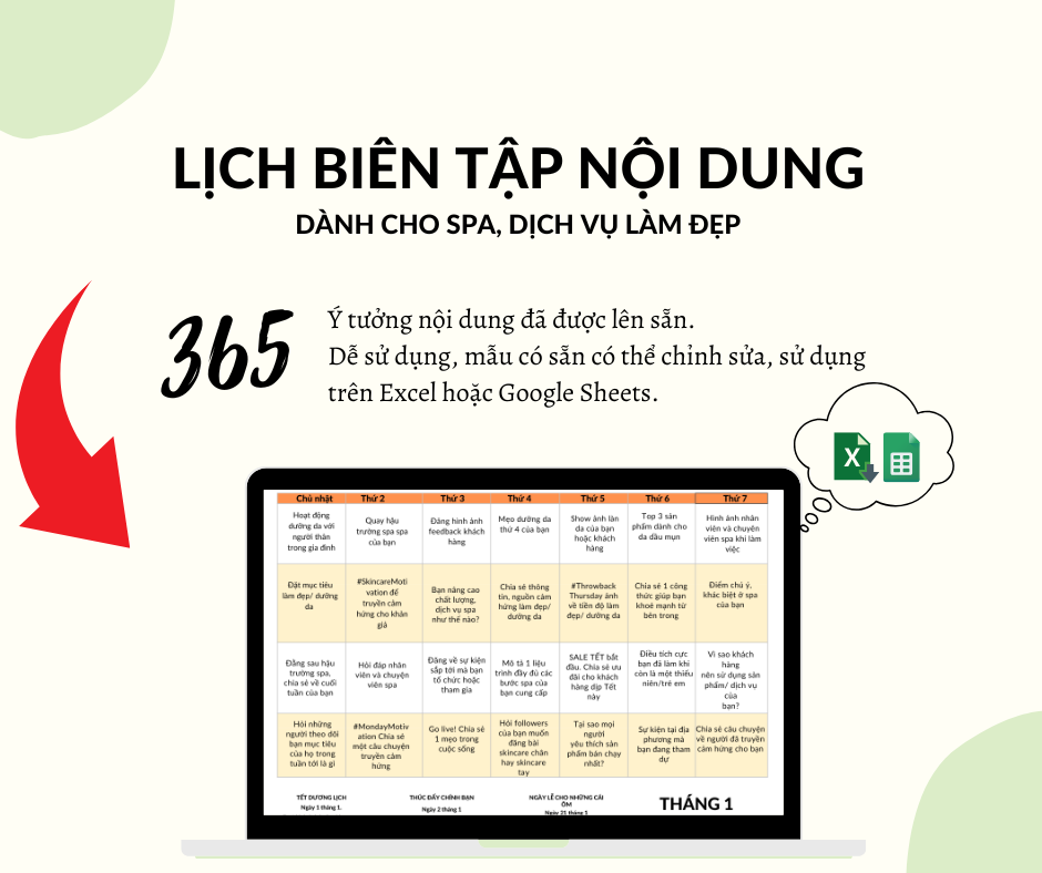 Mẫu Content Calendar 365 Ý Tưởng Vượt Ngưỡng Doanh Thu Dành Cho Spa,