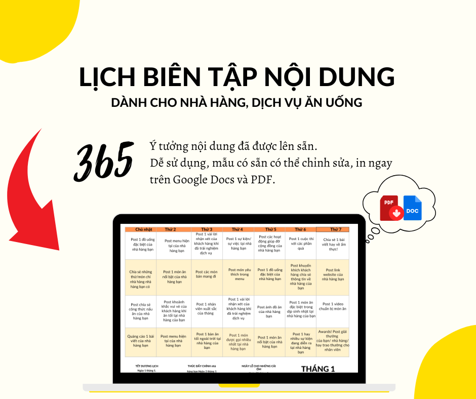 Mẫu Content Calendar 365 Ý Tưởng Tăng Trưởng Doanh Thu Dành Cho Nhà Hàng, Quán Cà Phê