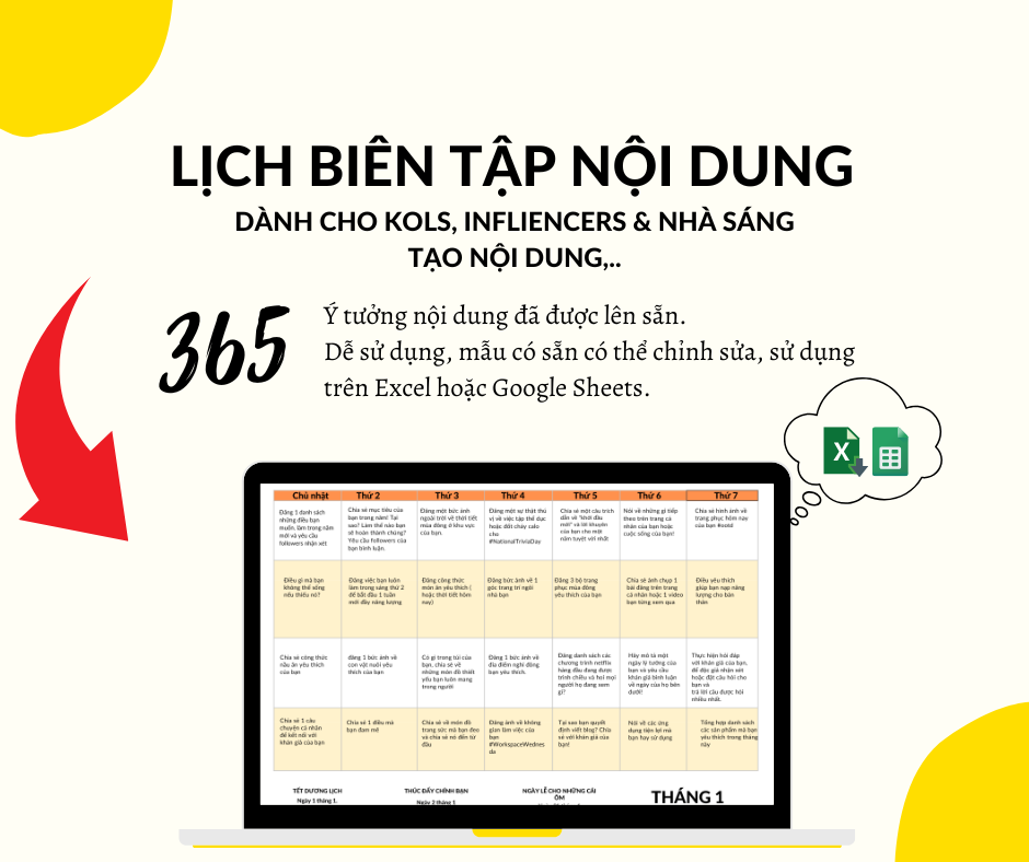 Mẫu Content Calendar 365 Ý Tưởng Thu Hút Xây Kênh Cho KOLs, Content Creator