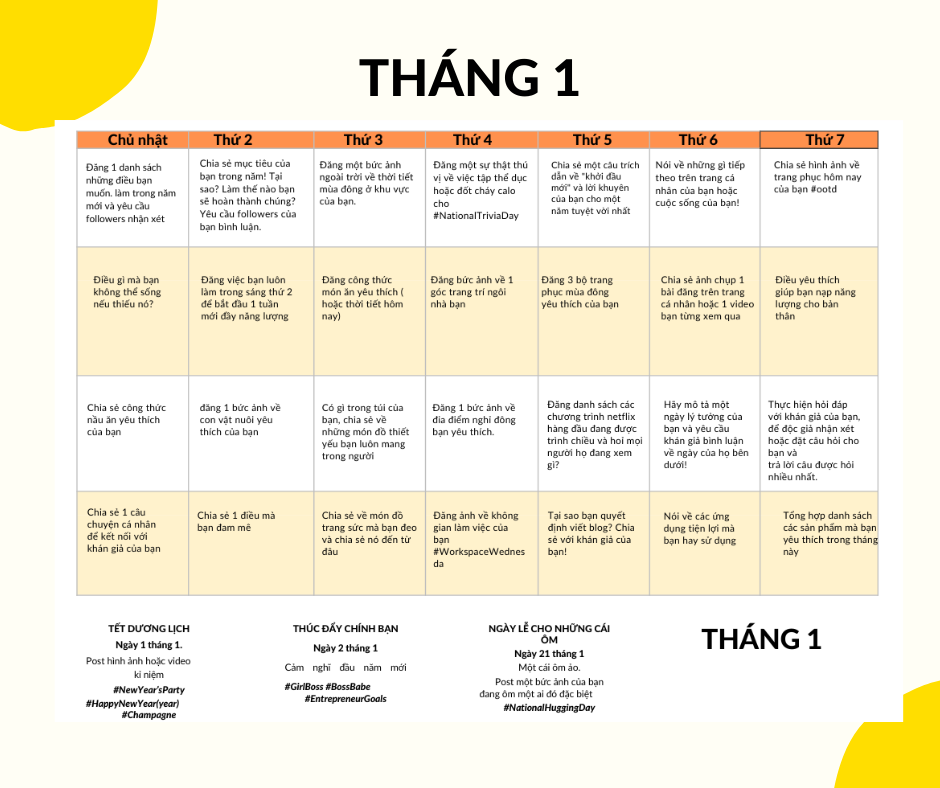 Mẫu Content Calendar 365 Ý Tưởng Thu Hút Xây Kênh Cho KOLs, Content Creator